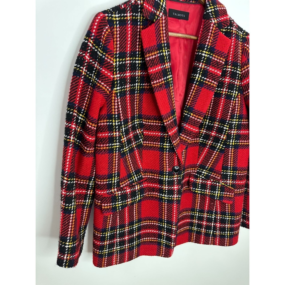 Talbots Snowstorm Plaid Blazer Red Tweed Wool Blend Flap Pockets Tartan Preppy - Picture 7 of 12